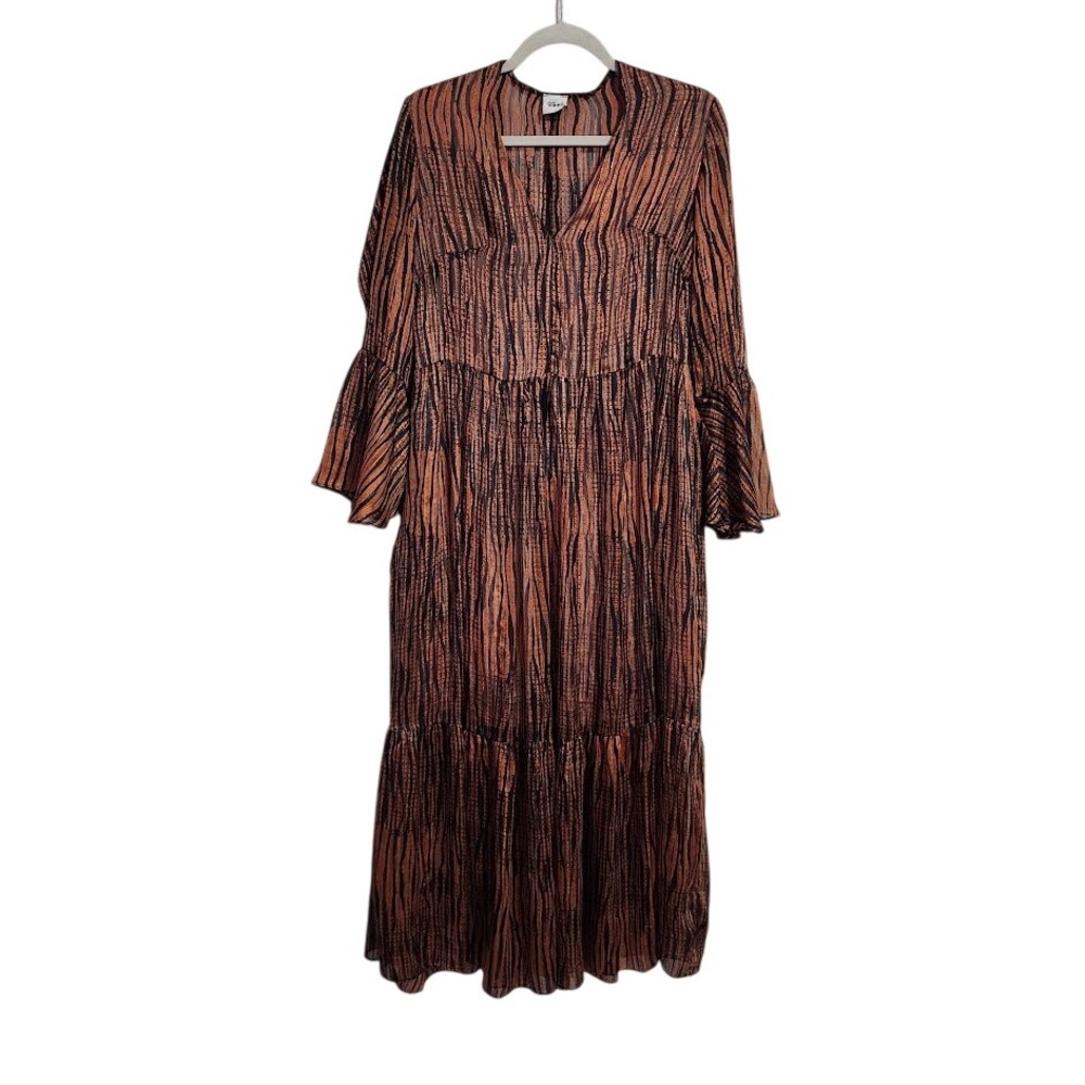 JANE WOOD Crinkle Maxi Dress Rust Bell Sleeve Tiered Boho size 2